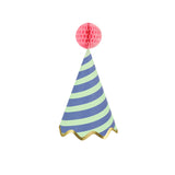 Blue and mint striped party hat with a pink honeycomb pom-pom and gold scalloped trim on a white background.