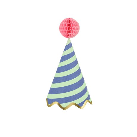 Blue and mint striped party hat with a pink honeycomb pom-pom and gold scalloped trim on a white background.