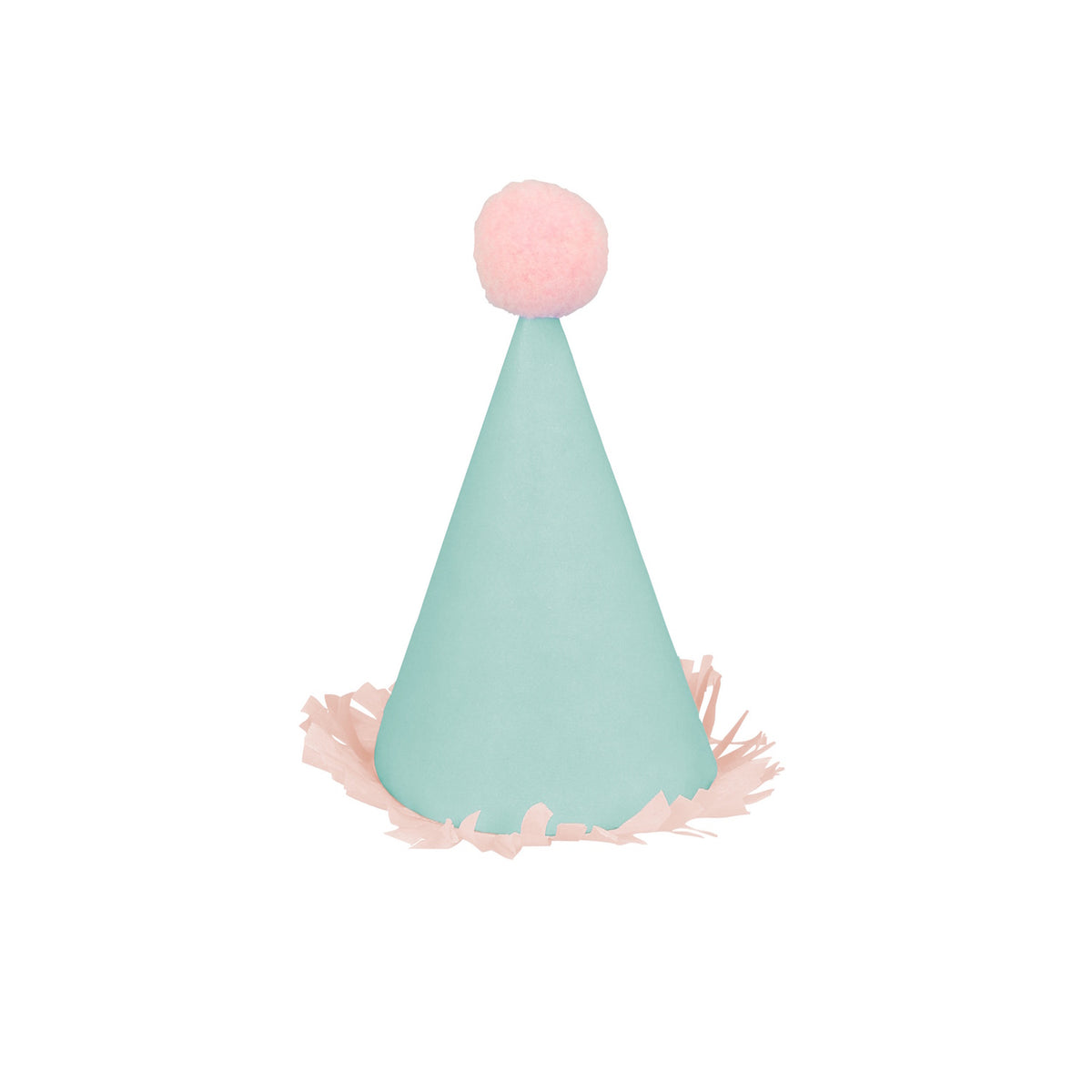 Mini mint green party hat with a pink pom-pom and fringed trim on a white background.