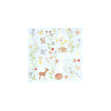 Light blue napkin with a pattern of woodland animals, birds, butterflies, and wildflowers.