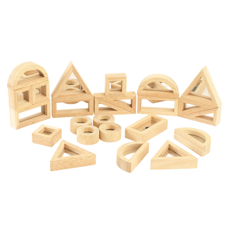 A set of wooden building blocks with mirrored centers, designed to stimulate visual perception, creativity, and block play exploration.