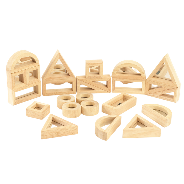 A set of wooden building blocks with mirrored centers, designed to stimulate visual perception, creativity, and block play exploration.