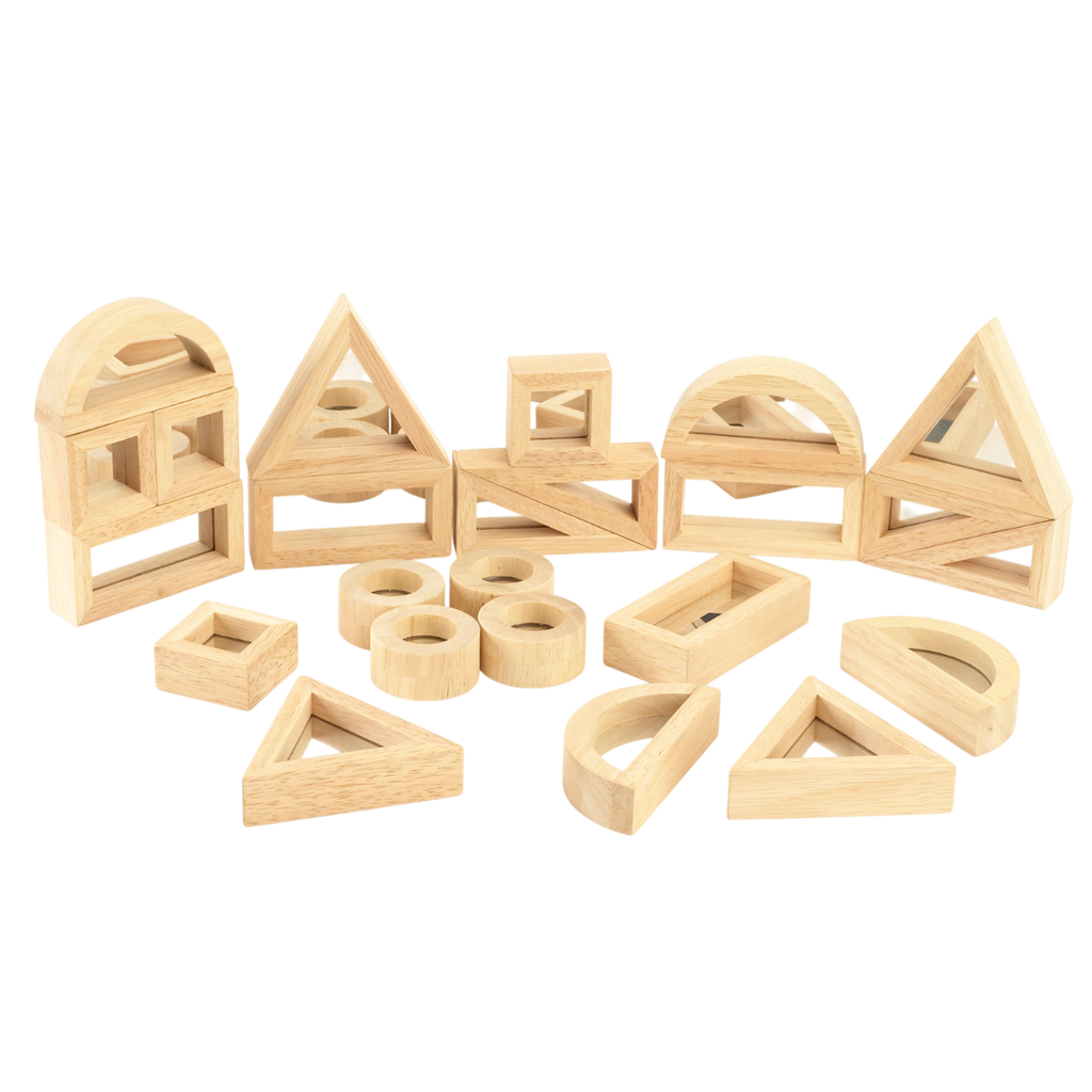 A set of wooden building blocks with mirrored centers, designed to stimulate visual perception, creativity, and block play exploration.