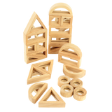 A set of wooden building blocks with mirrored centers, designed to stimulate visual perception, creativity, and block play exploration.