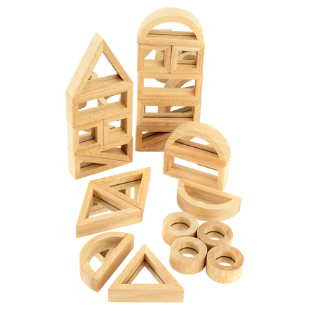 A set of wooden building blocks with mirrored centers, designed to stimulate visual perception, creativity, and block play exploration.