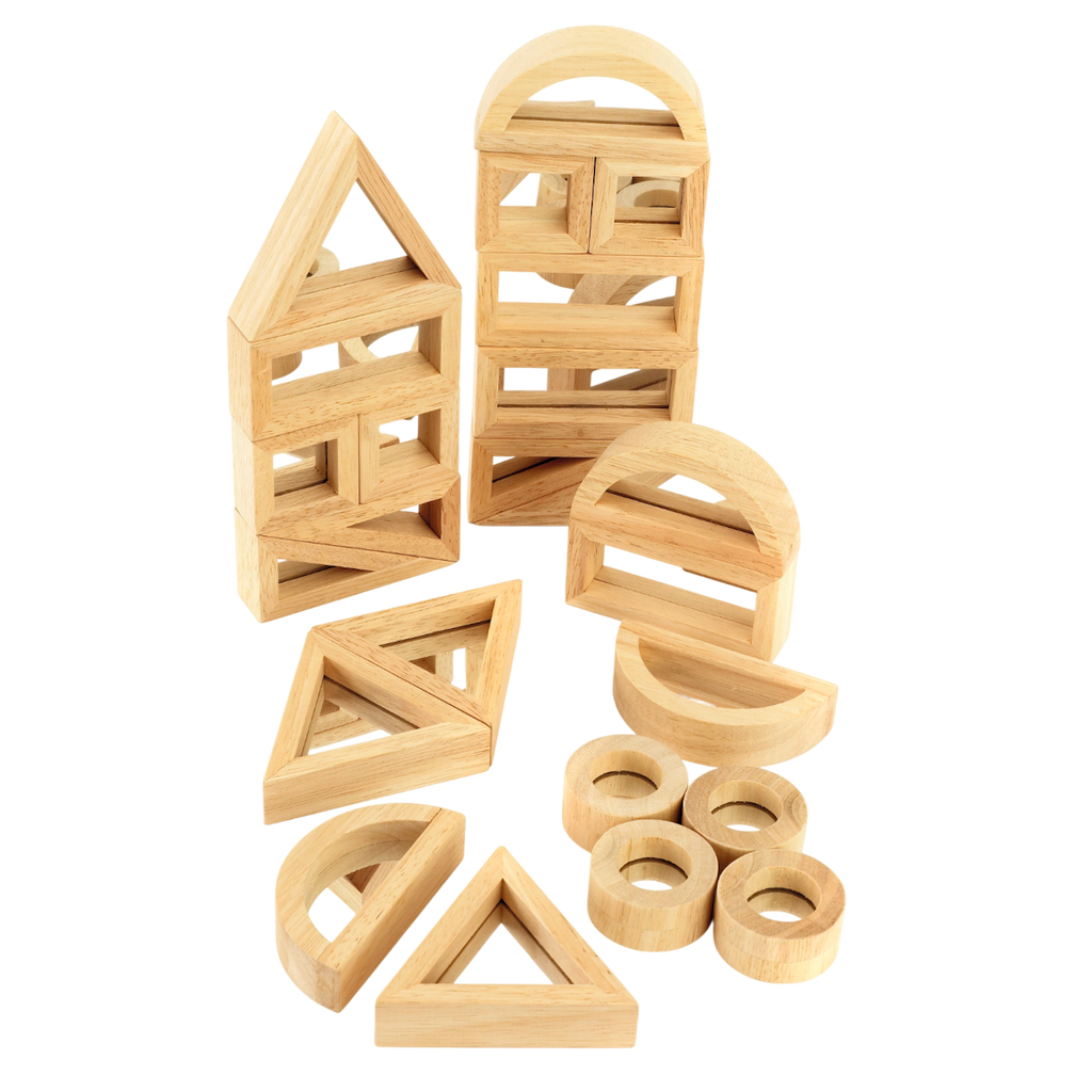 A set of wooden building blocks with mirrored centers, designed to stimulate visual perception, creativity, and block play exploration.
