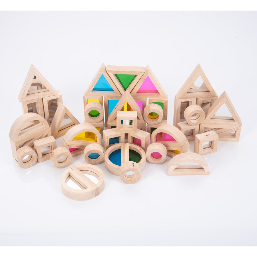 A set of wooden building blocks with mirrored centers, designed to stimulate visual perception, creativity, and block play exploration.