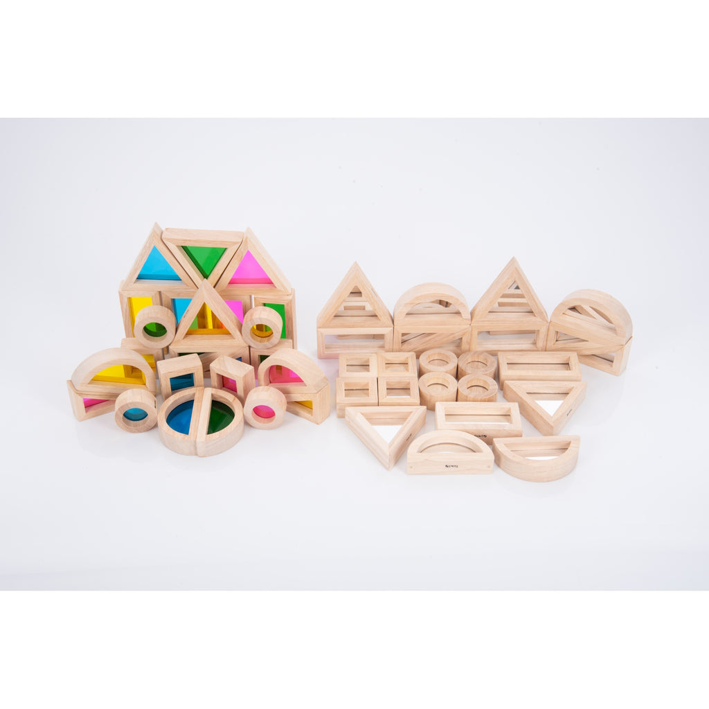 A set of wooden building blocks with mirrored centers, designed to stimulate visual perception, creativity, and block play exploration.