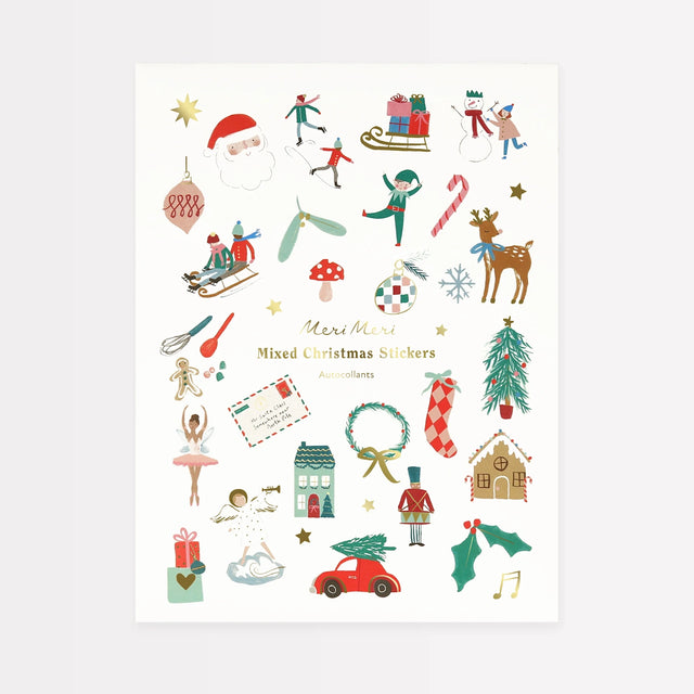 Meri Meri Christmas sticker sheet packaging displaying various festive holiday icons.