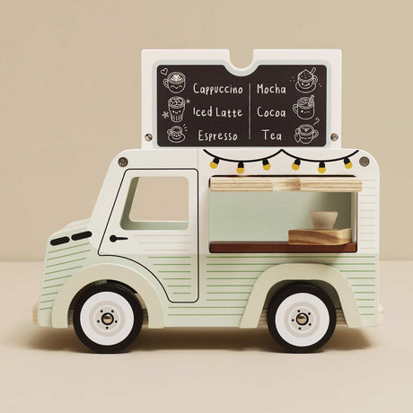 Wooden toy mobile cafe van in light green and white with a drink menu sign on top.