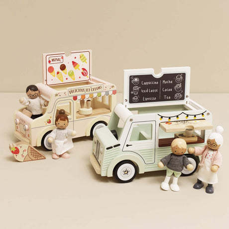 Wooden toy mobile café van and ice cream truck with play figures and menu signs.