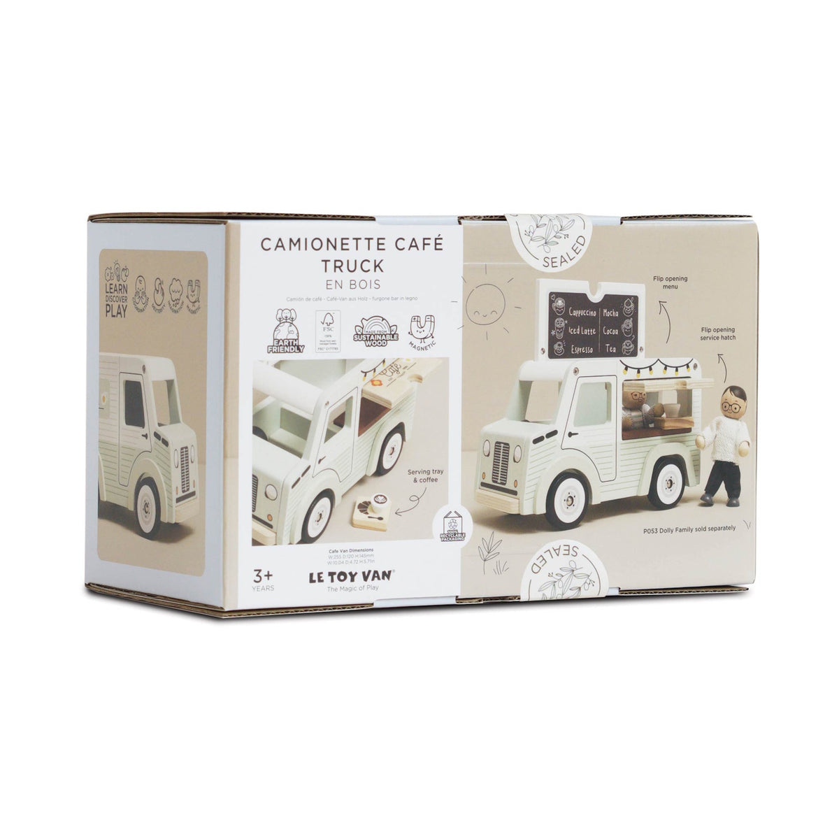 Product packaging box for a wooden toy coffee truck showing product images and feature details.