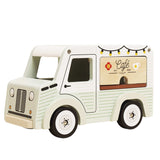 Light green and white wooden toy café van with serving window and string light illustrations.