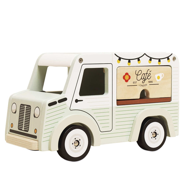 Light green and white wooden toy café van with serving window and string light illustrations.