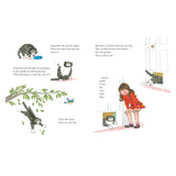 Illustration of a cat named Mog forgetting daily tasks, including eating and washing, and attempting to fly. A girl watches Mog at a cat flap. The tone is whimsical.