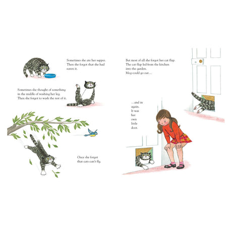 Illustration of a cat named Mog forgetting daily tasks, including eating and washing, and attempting to fly. A girl watches Mog at a cat flap. The tone is whimsical.