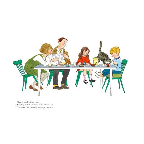 A family sits at a breakfast table with a tabby cat. The mother leans in, the father reads a newspaper, the daughter smiles, and the son observes the cat. The mood is warm and cheerful.