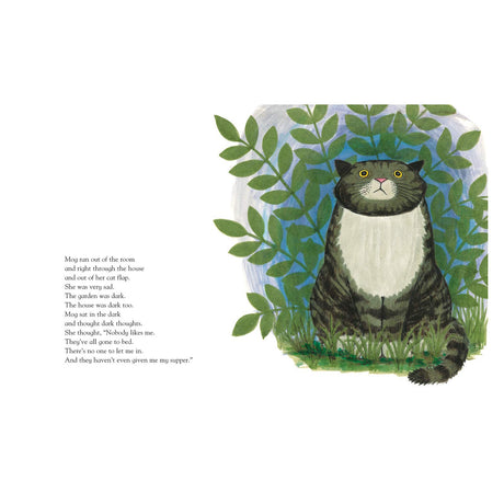 Illustration of a striped cat with a white belly sitting under green leaves against a blue background. The page includes a poem describing the cat feeling sad in the dark garden.