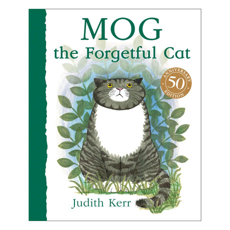 Cover of "Mog the Forgetful Cat" 50th Anniversary Edition by Judith Kerr. It features an illustration of a wide-eyed tabby cat surrounded by leaves.