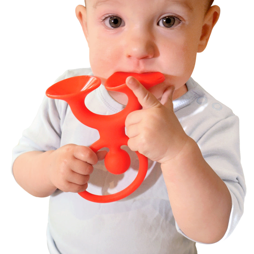 A baby in a light shirt holds a red trumpet-shaped teething toy, gently biting it. The child appears curious and focused, set against a plain background.