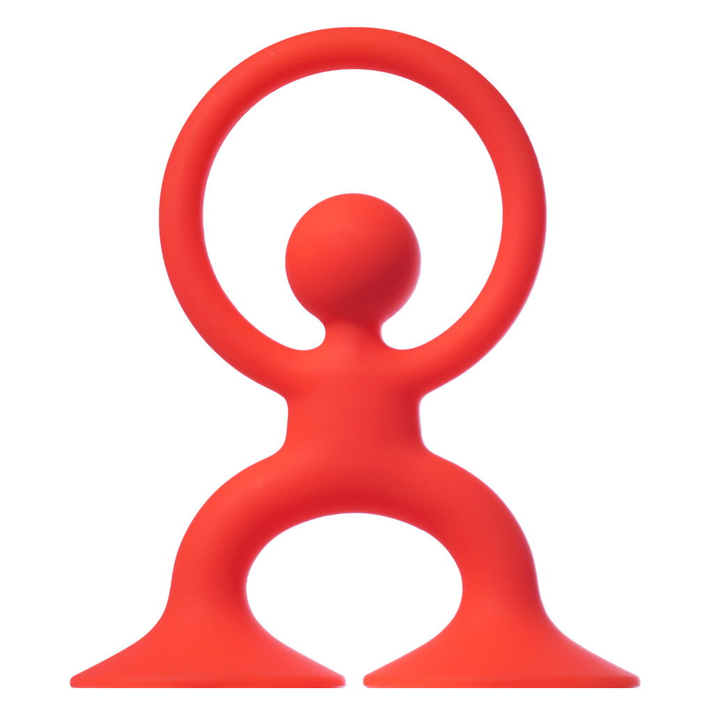 A red, stylized human figure with a circular head and outstretched arms forming a ring. The figure stands on wide, flared feet, conveying balance and playfulness.