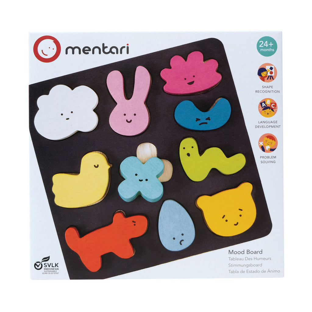 A colorful puzzle with various wooden shapes, including animals and objects, arranged on a black board. Labeled for 24+ months, promoting shape recognition, language development, and problem-solving.