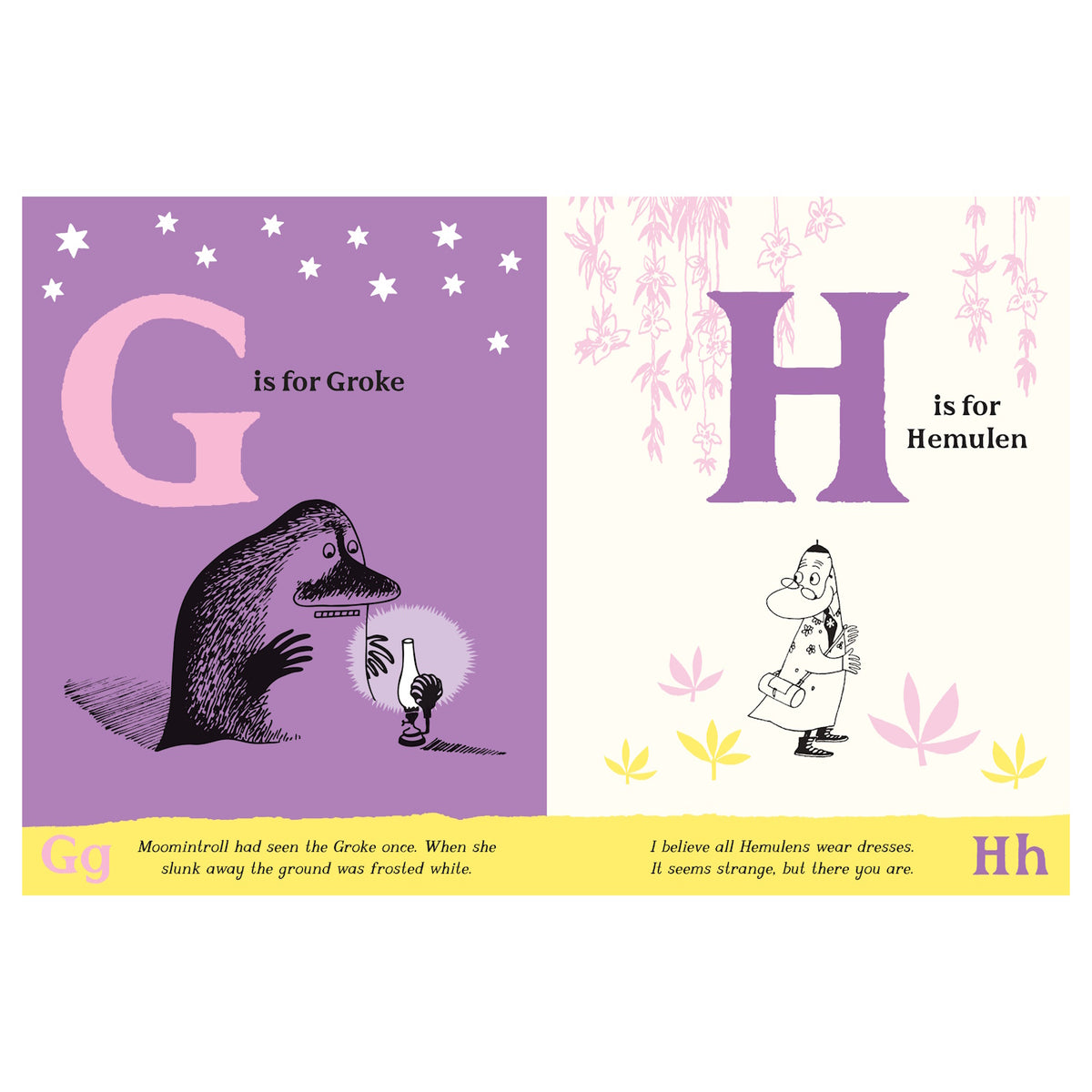 Moomin ABC book page featuring G for Groke with a lantern and H for Hemulen in a floral dress.