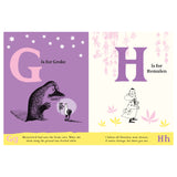 Moomin ABC book page featuring G for Groke with a lantern and H for Hemulen in a floral dress.