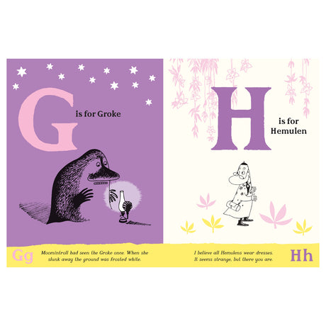 Moomin ABC book page featuring G for Groke with a lantern and H for Hemulen in a floral dress.
