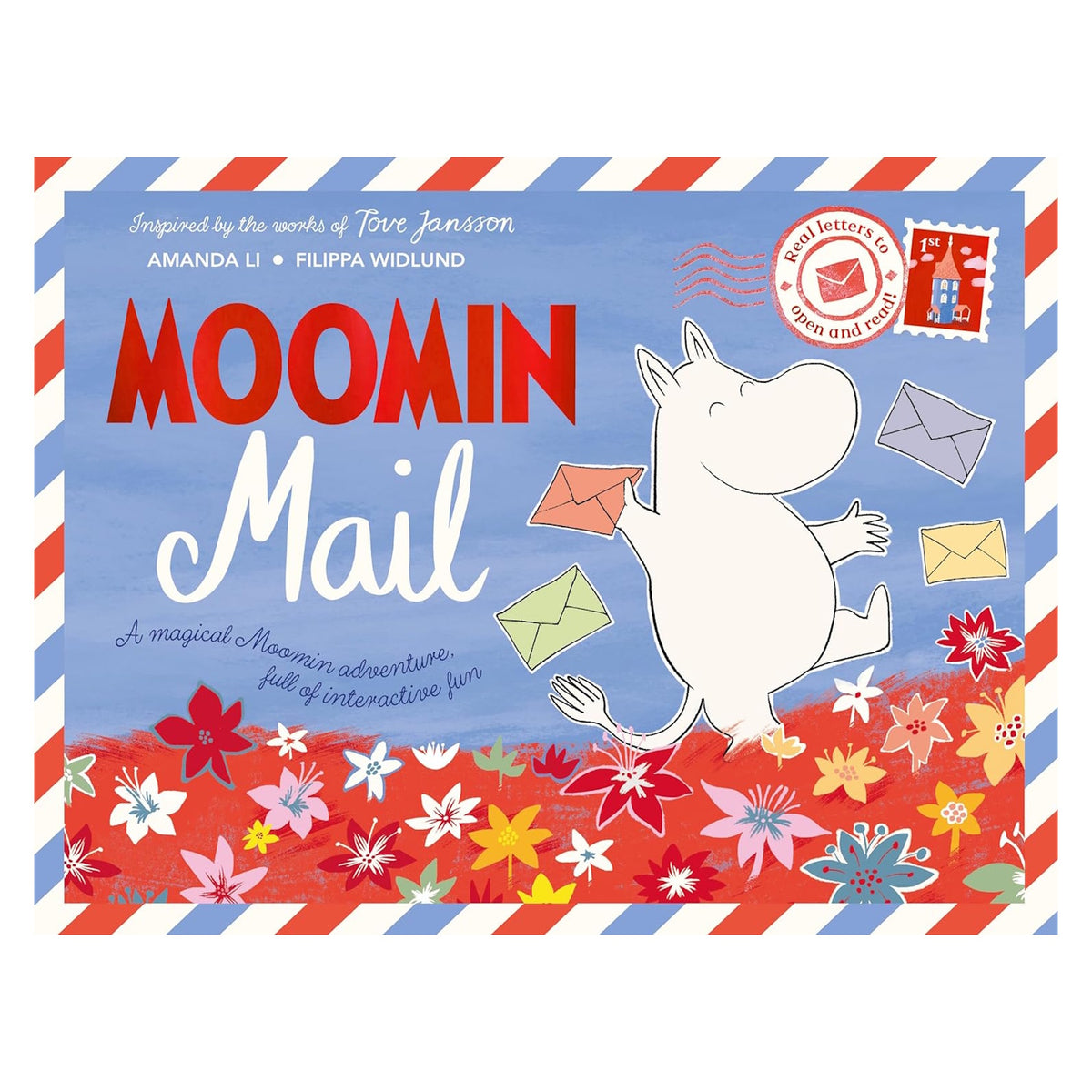 Moomin Mail book cover featuring Moomintroll holding letters over a floral field with an airmail border.