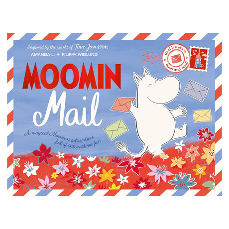 Moomin Mail book cover featuring Moomintroll holding letters over a floral field with an airmail border.