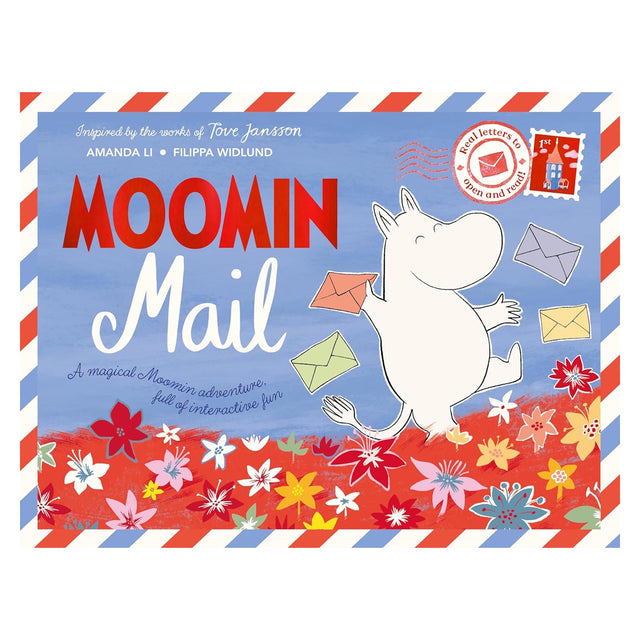 Moomin Mail book cover featuring Moomintroll holding letters over a floral field with an airmail border.