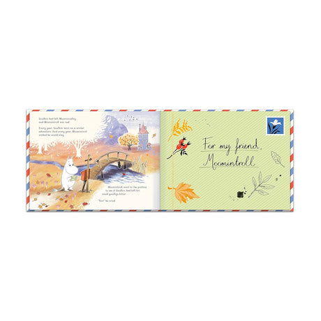 Inside pages of Moomin Mail book showing Moomintroll by a postbox and a large envelope addressed "For my friend, Moomintroll."