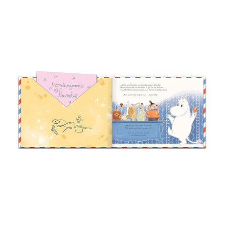 Moomin Mail book page with Moominmamma's Pancakes letter, Little My in a teapot, and Moomintroll on a treasure hunt.