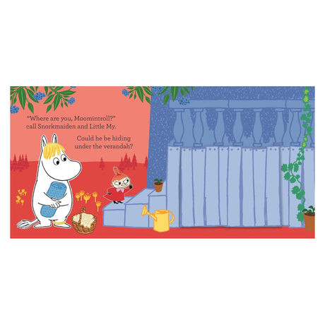 Snorkmaiden and Little My searching for Moomintroll by a blue verandah in a Moominvalley illustration.