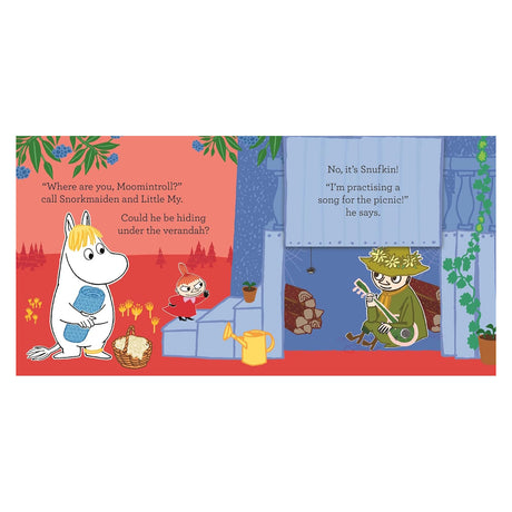 Illustration from a Moomin book showing Snorkmaiden and Little My finding Snufkin playing guitar under a veranda.