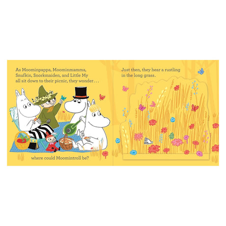 Moomin characters having a picnic in a field with tall grass, from the book "Where Are You, Moomintroll?"