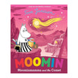 Cover of "Moominmamma and the Comet" features Moominmamma holding a suitcase, with a glowing comet in a pink sky over a mountainous landscape. Bright, whimsical tone.
