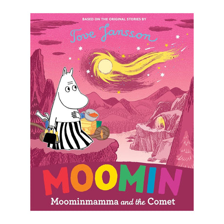 Cover of "Moominmamma and the Comet" features Moominmamma holding a suitcase, with a glowing comet in a pink sky over a mountainous landscape. Bright, whimsical tone.