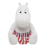 White plush hippo toy with wide eyes, wearing red and white striped shorts. The toy has a friendly and cheerful expression.
