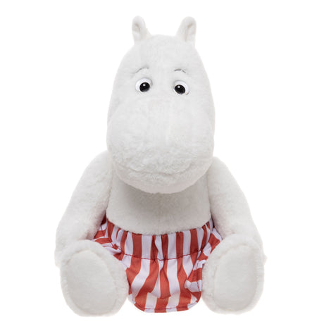 White plush hippo toy with wide eyes, wearing red and white striped shorts. The toy has a friendly and cheerful expression.