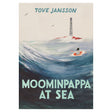 Book cover for Moominpappa at Sea by Tove Jansson featuring Moominpappa in a boat on a wavy sea near a lighthouse.