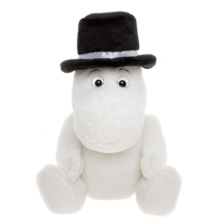 A plush Moomin character sits upright, wearing a large black top hat with a white band. Its expression is friendly, with round eyes.