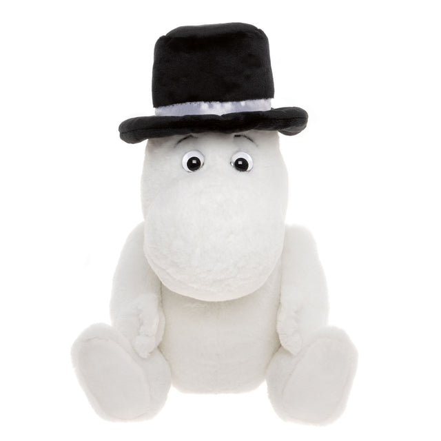 A plush Moomin character sits upright, wearing a large black top hat with a white band. Its expression is friendly, with round eyes.