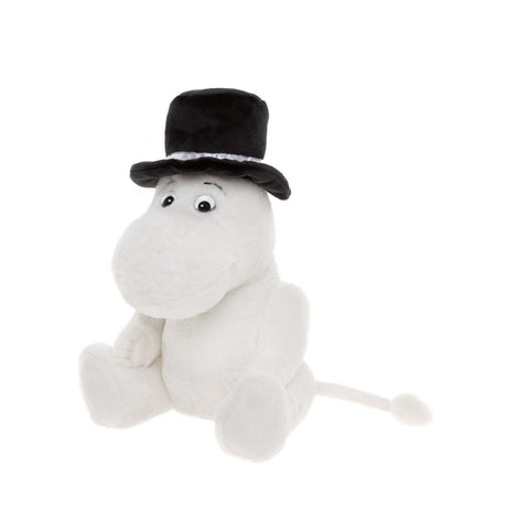 A plush toy resembling a white hippo with a large snout, sitting upright. It wears a black top hat, giving a playful, whimsical appearance.