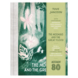 Book cover for The Moomins and the Great Flood by Tove Jansson, 80th anniversary edition with green forest illustration.