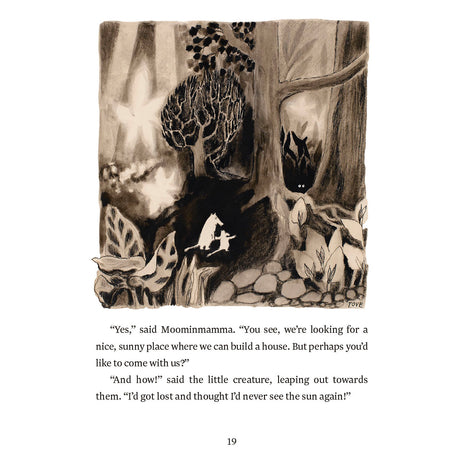 Moominmamma and a small creature in a dark forest, from Tove Jansson's The Moomins and the Great Flood.