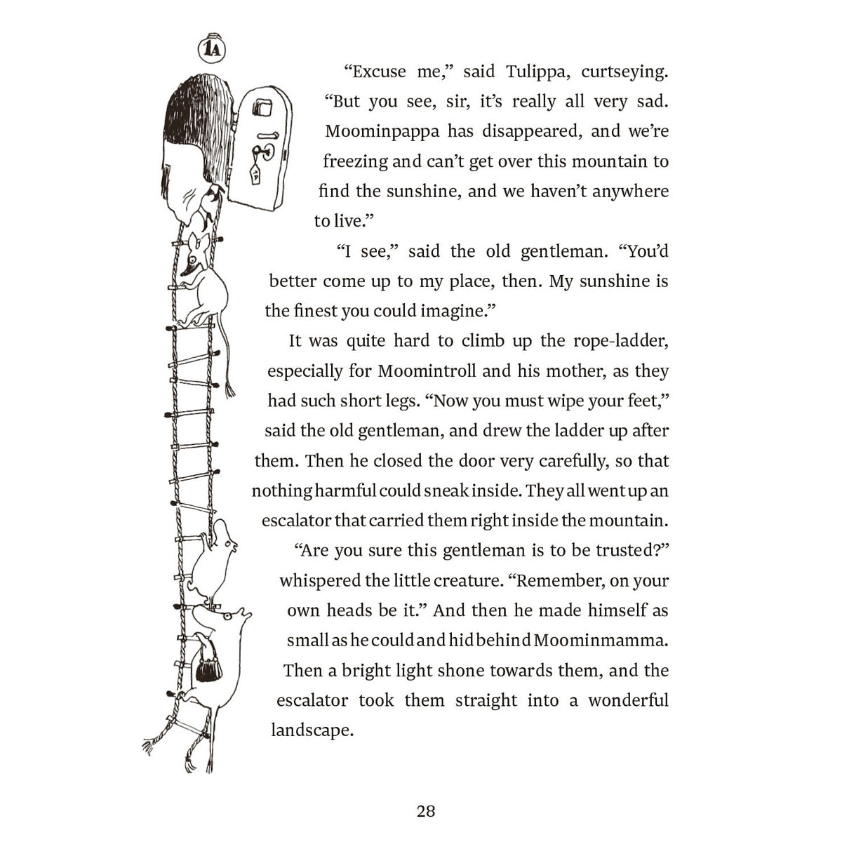 Illustration from Moomins and the Great Flood showing characters climbing a rope ladder into a door in a mountain.