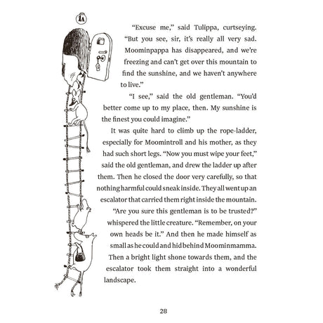 Illustration from Moomins and the Great Flood showing characters climbing a rope ladder into a door in a mountain.