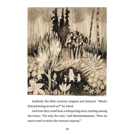 Illustration of Moominmamma and two small creatures in a rainy forest from Moomins and the Great Flood.
